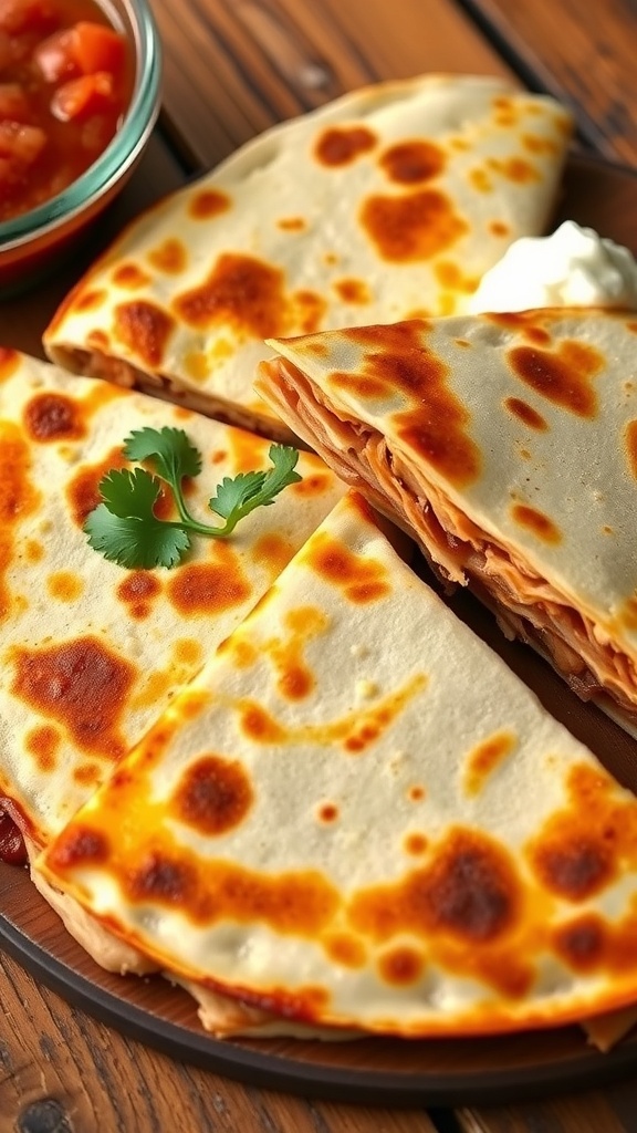 Golden-brown chicken quesadilla cut into wedges, served with salsa and sour cream.